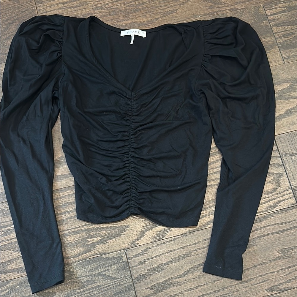 Frame Denim Black Ruched Long Sleeve Top